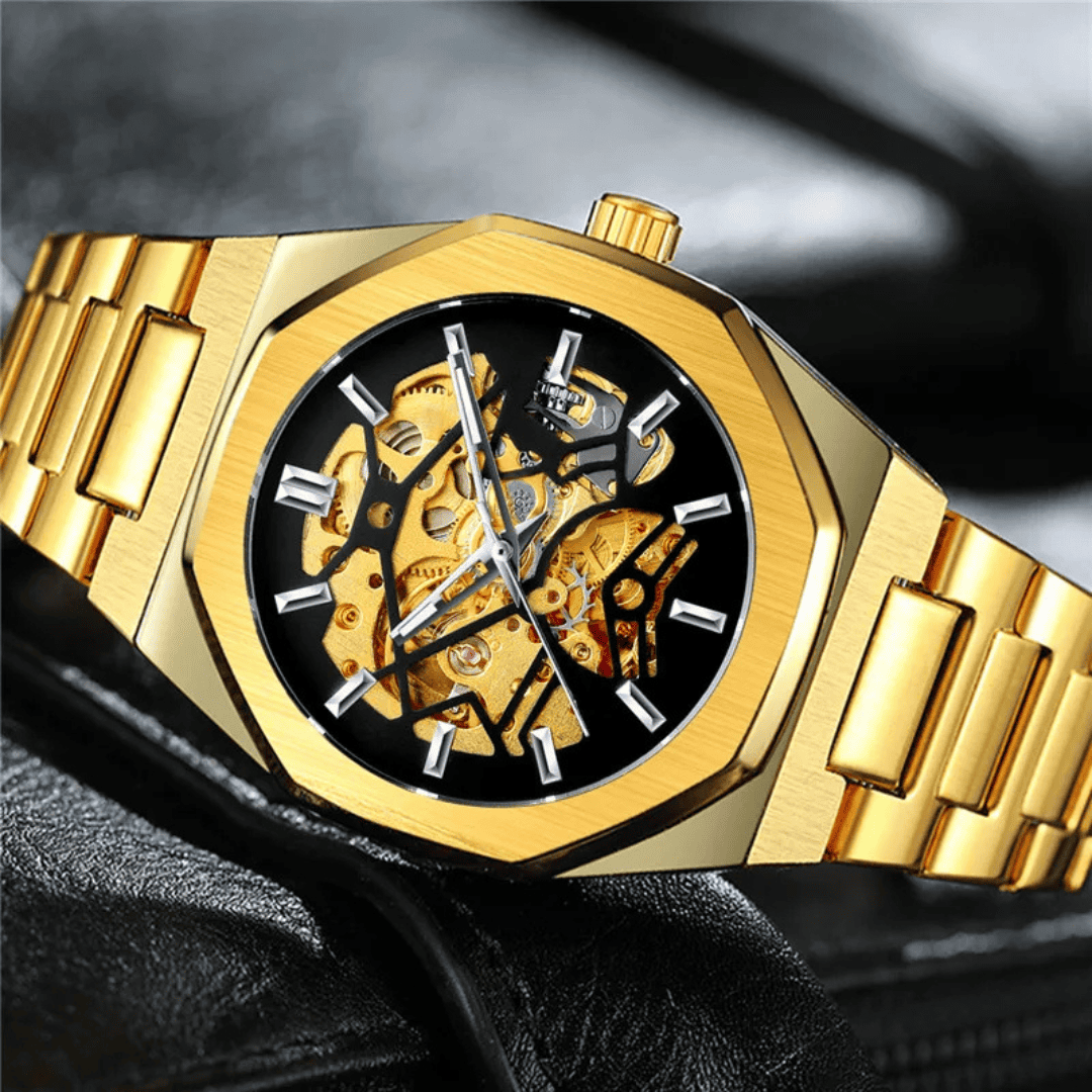 Close do mostrador esqueleto do Relógio Vartelli Skeleton VA001 dourado