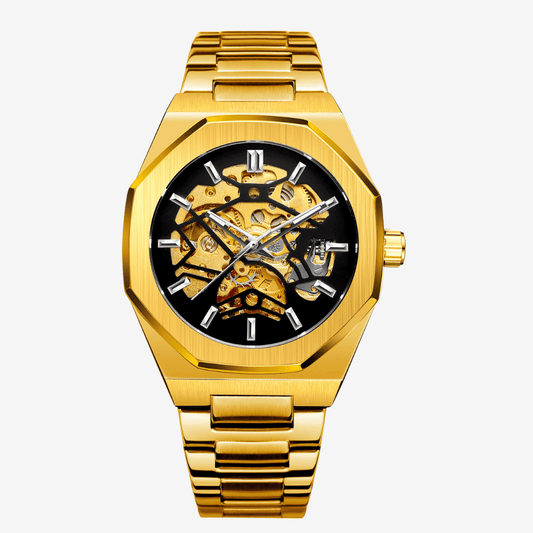 Relógio Vartelli Skeleton VA001 dourado em vista frontal