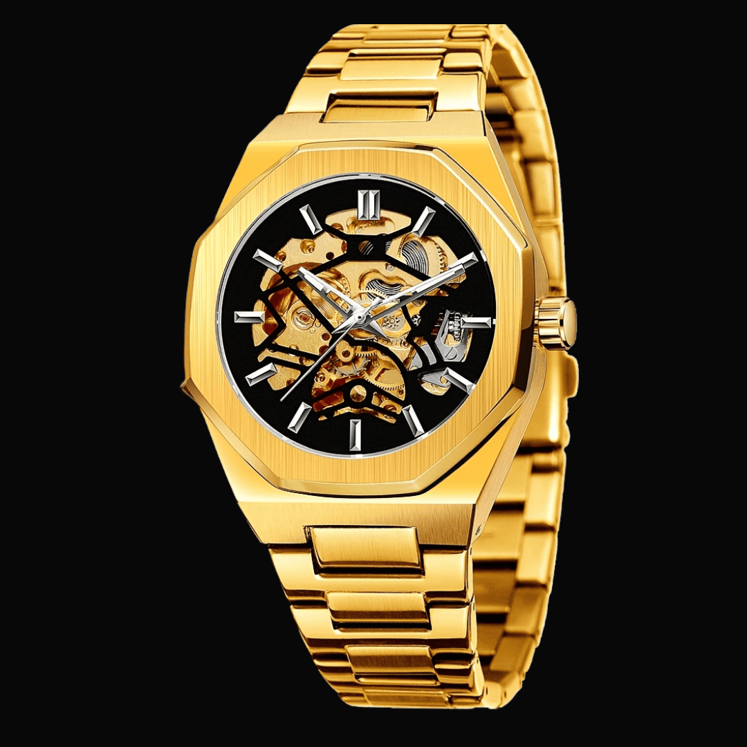 Vista lateral do Relógio Vartelli Skeleton VA001 dourado