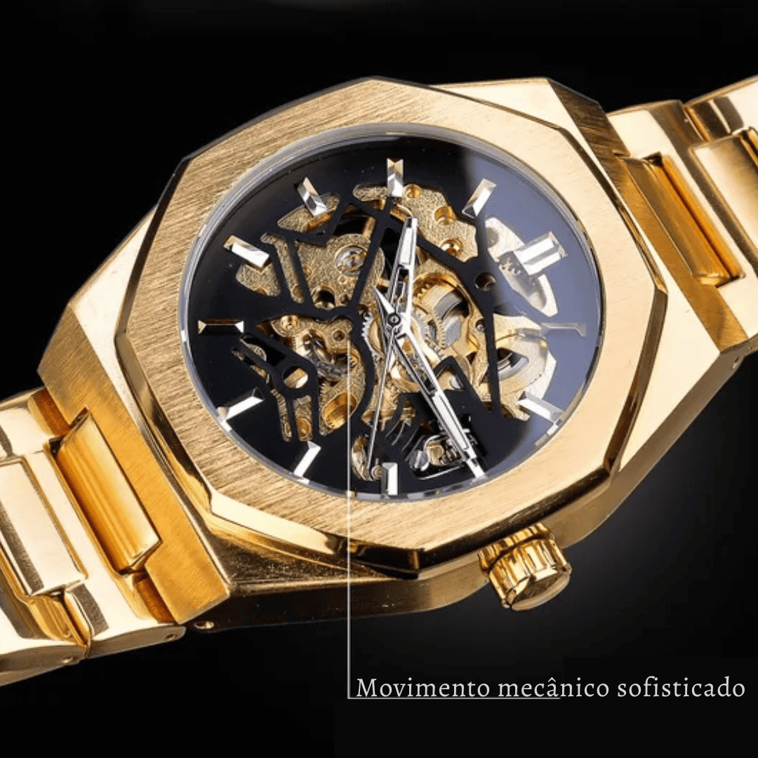 Close do mostrador esqueleto do Relógio Vartelli Skeleton VA001 dourado